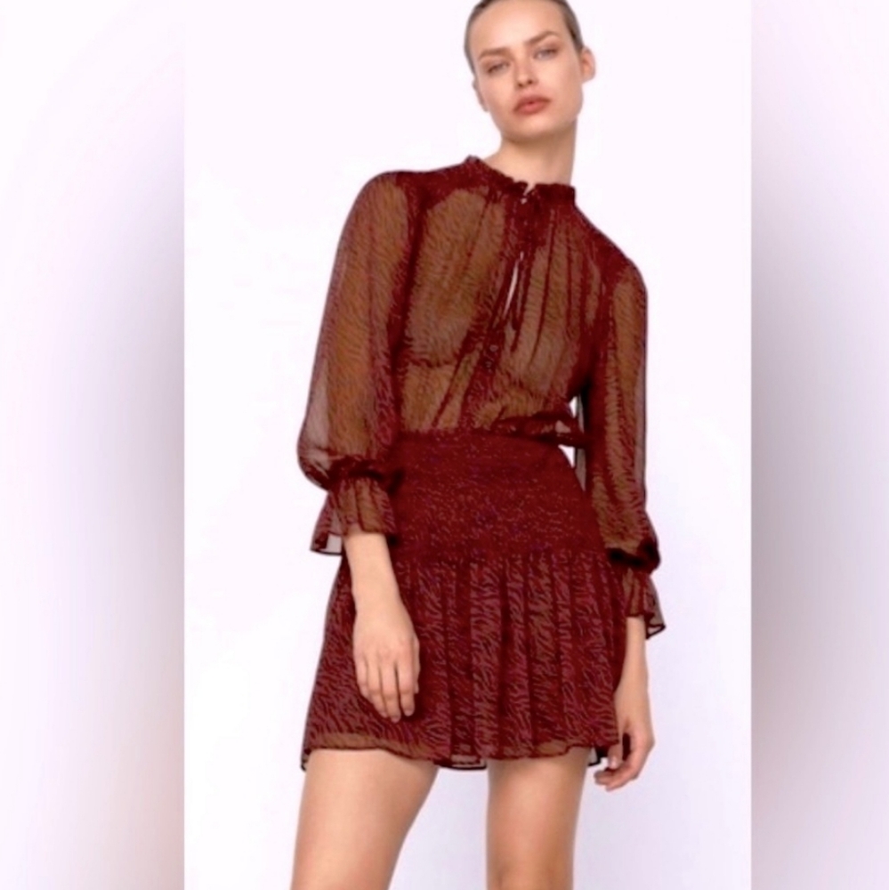 Zara Black & Wine Zebra Pattern Smocked Waist Mini Dress sz XS *3/$30 Sale*